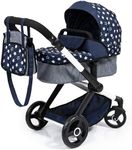Bayer Baby Dolls Pram XEO - Convertible Doll Pushchair, Carrycot & Changing Bag - Stroller with Adjustable Handle Height for Girls, Tall Dolls Pram for 6+, 3-5 Year Olds - Navy Blue, White Stars