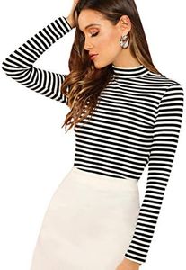 Floerns Women's High Neck Long Sleeve Slim Fit Stretch Striped T-Shirts Black and White, S