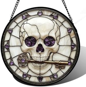 CRISGIF Stained Glass Window Hanging - Halloween Scary Skull Suncatcher for Doors Garden Home Spooky Purple Skeleton Key Sun Catchers Gothic Decor Horror Gifts for Women Men Friend Boy Girl 15 in