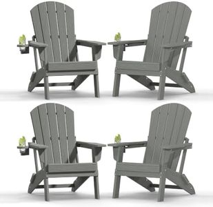 Plawdlik Folding Adirondack Chair, SGS Tested, Wooden Textured with Cup Holder, Heavy All-Weather HDPE Comfortable Set Poolside Backyard Lawn Grey Set 4
