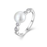 Veshon Pearl Ring for Women, 925 Sterling Silver Women's Cubic Zirconia Rings with 8mm White Freshwater Cultured Pearl, Wedding Jewelry Engagement Band Rings for Women Wife Girlfriend, Size 7