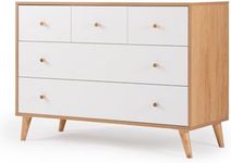 dadada Austin 5-Drawer Dresser - Dresser for Nursery and Kids Room - White Bedroom Dresser - Large, Deep Drawers - Soft Close and Anti Tip - Chest of Drawers Storage (White + Red Oak)