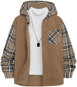 Boys Flannel Shirts Plaid Hoodie: Button Down Long Sleeve Shirt Fall Winter Fashion Lightweight Hooded Jacket Coats Khaki