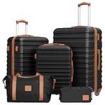 COOLIFE Suitcase Trolley Carry On Hand Cabin Luggage Hard Shell Travel Bag Lightweight with TSA Lock,The Suitcase Included 1pcs Travel Bag and 1pcs Toiletry Bag (Black/Brown, 5 Piece Set)