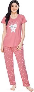 ZEYO Women's Cotton Polka Dot Printed Pink Night Suit Set Of Top & Pajama Set 5292