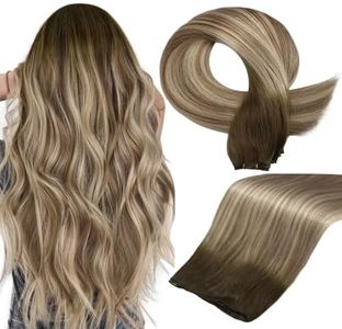 Full Shine Weft Hair Extensions Human Hair Sew In Hand Tied Weft Extensions Sew In Extensions Remy Hair Thick Ends Chocolate Brown With Light Blonde Highlights Walnut Brown #3/8/22 60G 22 Inch