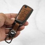 Metal Alloy Leather Key case for Skoda/Volkswagen Cars 3 Button Flip Key (VW 2- TAN)