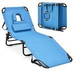 Multigot Folding Sun Lounger, 5-Position Adjustable Reclining Chair Tanning Chair with Face Hole and 3 Removable Pillows, Outdoor Sunbathing Face Down Chaise Chair for Beach Patio Poolside (Blue)