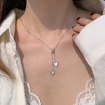 TseenYi Moonstone Heart Pendant Necklace Silver Opal Heart Y Lariat Necklace Small Heart Y Drop Necklace Tiny Heart Choker Necklace Vintage Opal Heart Pendant Necklace Chain Jewelry for Women and Girl