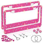 Bling License Plate Frames for Women 2 Pack, Rhinestone Crystal License Plate Cover with Bolts Washer Caps Univerasl Bling Car Accessories for Girls (Pink)