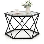 COSTWAY Hexagonal Coffee Table, Metal Frame Small Sofa End Side Table with Tempered Glass Top, Modern Narrow Nightstand Accent Snack Tea Table for Living Room, Bedroom and Balcony (65 x 56 x 40cm)