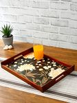 Reinvention Factory Black Flower Thai Teak Wood Large Multipurpose Serving Tray