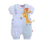 Fisher Price Pure Cotton Giraffe Print Embroidered Dungaree with Half Sleeve Tee for Baby Girls | Blue, Pack of 1