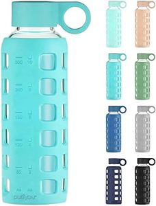 purifyou Premium 40 / 32 / 22 / 12 oz Glass Water Bottles with Volume & Times to Drink, Silicone Sleeve & Stainless Steel Lid Insert, Reusable Bottle for Fridge Water, Milk, Juice (12oz Aqua Blue)