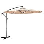 10ft Patio Offset Umbrella with Solar-Powered LED Lights - OKSTENCK Outdoor Cantilever Umbrella with Cross Base & 8 Sturdy Ribs, Hanging Crank Market Umbrella (Khaki)