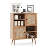 COSTWAY Rattan Storage Cabinet, Wooden Buffet Sideboard with 2 Door, 4 Open Compartments & Anti-toppling Device, Freestanding Display Organiser Cupboard for Kitchen Dining Living Room