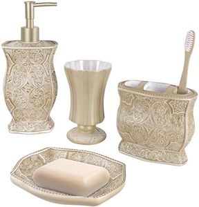 Creative Scents Beige Bathroom Accessories Set - Decorative Bathroom Accessory Set - 4 Piece Bathroom Set Features: Soap Dispenser, Toothbrush Holder, Tumbler, and Soap Dish (Victoria Collection)