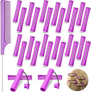 24 Plastic Hair Perming Rods and Curlers with Steel Pintail Comb for Hairdressing Styling (0.75 Inches, Purple)