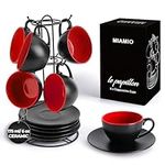 MIAMIO - Set of 6, Ceramic Stackable Cappuccino Cups Set / 175 ml Cappuccino Mugs and Saucer with Metal Stand for Coffee Drinks, Cappuccino, Latte, Americano and Tea - Le Papillon Collection (Red)