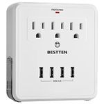 BESTTEN 900-Joule USB Outlet Surge Protector, 4 USB (Max 4.2A) Charging Ports and 3 AC Electrical Sockets, Wall Mount Multi Outlet Extender with 2 Slide Out Phone Holders, cETL Certified, White