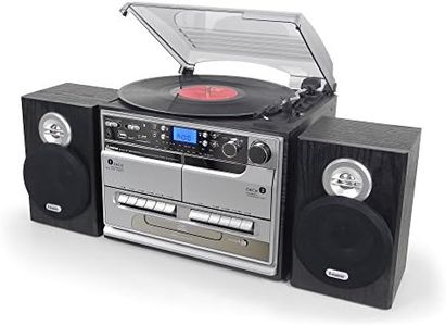Steepletone BT-SMC386r PRO, 8 in 1 Bluetooth Retro Nostalgic Music System (Stereo Speakers), Remote Control, 3 Speed Record Player, CD Player, FM/MW Radio, TWIN Cassette, SD/USB RECORDING - Silver