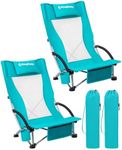 KingCamp Set of 2 Beach Chair Low Folding Lightweight Concert Chair with Wide Seat & Storage Pocket 180kg Heavy Duty Picnic Chairs with Dual-Tube Stability Fillable Pillowcase Portable Cyan