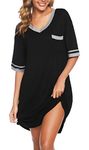 Vlazom Ladies Plus Size Jersey Nightshirts V Neck Short Sleeved Baggy PJ Nightdress Loungwear, Black, XL