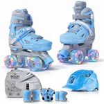 Jaspo Scud X Trail Roller Skates Combo with Helmet and Knee, Elbow, Wrist Guard, Professional Outdoor Indoor Quad-Skates for Kids & Adults, Adjustable Roller Skates with LED Wheels (Blue, Small)