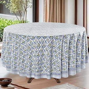 Ridhi Round Tablecloth Hand Block Print 100% Cotton Reusable Light Steel Blue 120 Inch Table Cover Decorative Everyday Use for Dining, Home, Party, Wedding, Farmhouse Gift for Spring, Mother's Day