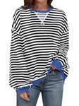 ANRABESS Women Striped Sweatshirt Long Sleeve Shirts Crewneck Oversized Casual Pullover Top 2024 Fall Fashion Outfits Clothes, Black White, Medium