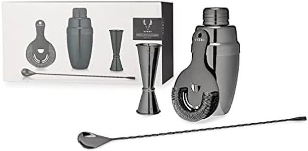 Viski Gunmetal Bartender Kit, Drink Mixers for Cocktails Gift Essentials: Weighted Cobbler Shaker, Hawthorne Strainer, Weighted Barspoon, and Japanese-Style Double Jigger, 4pc Set, Black