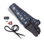 KLIQ Vintage Woven Guitar Strap for Acoustic and Electric Guitars + 2 Free Rubber Strap Locks, 2 Free Guitar Picks and 1 Free Lace | '60s Jacquard Weave Hootenanny Style | Hendrix Blue