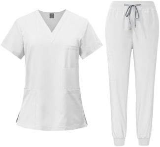 Women Scrubs Set V-Neck Stretch Tops with Pockets & Cargo Pants Jogger Nurse Work Uniform Quick Drying White XXL