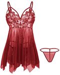 Giorzio Babydoll Lingerie for Women Lace Negligee Lingerie Sexy Boudoir Outfits V-Neck Sleepwear Wine Red, S