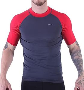 H.MILES Men's Rash Vest Short Sleeve Male Adults Rashguard Swim Base Layer Snorkeling Swimming Surfing Tops Diving Beach T-shirt, Asphalt/Fuchsia, 4XL