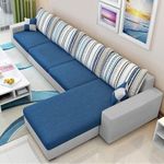 FURNY Adona 5 Seater RHS Fabric L Shape Sofa Set (Dark Blue- Light Grey)