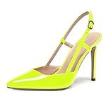 WAYDERNS Women's Buckle Slingback Ankle Strap Solid Pointed Toe Patent Leather Stiletto High Heel Pumps Shoes 4 Inch, Neon Yellow, 6.5