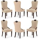 WOODBURY TREE Solid Wood Velvet Dining Chairs, Hand-Carved Details, High Wingback Quilted Design, Nail Heads, Comfy Accent Chairs for Living Room, Bedroom, Small Spaces (Beige, Set of 6)
