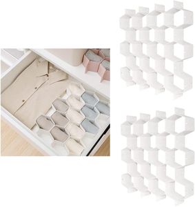 QUMENEY - Organizador de cajones en forma de panal de plástico con 18 compartimentos múltiples, para corbatas, calcetines, ropa interior (blanco, 2 piezas)