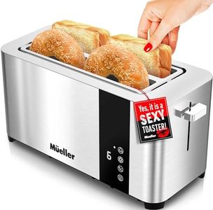 Mueller UltraToast Full Stainless Steel Toaster 4 Slice, Long Extra-Wide Slots for Bagels and Waffles, 6 Browning Levels, LED Display, Cancel/Defrost/Reheat Functions & Removable Tray, Kitchen Gadgets