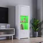 Panana 2 Door LED Tall Display Sideboards Matt Body & High Gloss Fronts Storage Cabinet with Glass Shelf for Living Dining Room W 62 x D 35 x H 160cm (All White)