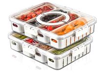 2 Pcs Portable Picnic Parties Fruit Tray, 4 Compartment Fridge Food Veggie Condiment Divided Serving Preservation Storage Containers, Kitchen Clear Snackle Box Candy Organizer with Lid Handle (2PC)…