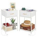 White Nightstand Set of 2 with Charging Station Small Night Stand Set 2 with Fabric Drawer Bedside Table Set of 2 End Table Side Table with USB Ports and Storage for Bedroom Living Room Guest Room