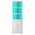 Rolanstar Corner Shelf with LED Light, 5-Tier Corner Cabinet with Door, White Corner Bookshelf, Tall Corner Storage, 66.9" Corner Stand Display Shelf for Living Room, Home Office, Small Space