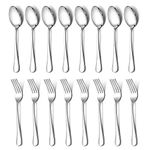 E-far 16-Piece Dinner Forks and Spoons, Stainless Steel Silverware Flatware Eating Utensils Set for Home Kitchen Restaurant, Food Grade Metal & Simple Design, Mirror Finish & Dishwasher Safe, 8 Inch