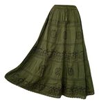 Doorwaytofashion Women Cotton Maxi Full Length Skirt Embroidered Boho Casual Festival Summer UK 10,12,14,16,18 Army Green