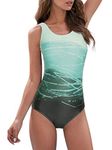 American Trends Womens One Piece Bathing Suits Color Block Print Criss Cross Back Swimsuits Athletic Modest Swimwear, E Green Gradient, 12-14