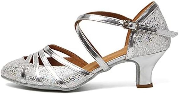 HROYL Chaussures de Danse Latine Femme Salsa Bachata Paillettes Bout Fermé Chaussures Danse Tango de Salon FT053 Argent 37.5 EU