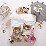 HOMHOMHA Cat And Flowers Bed Duvet Set 3d Printed Two Lovely Kitty With Pink Flowers Pattern Duvet Cover Set Bedspread,Cute Bedding,Single Size For Kids Girls Boys Bedroom Single