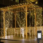 LE LED Curtain Lights, 306 LEDs 9.8 x 9.8 ft Fairy Lights Plug in, 8 Lighting Modes String Lights Indoor, Outdoor Patio Twinkle Lights for Bedroom Party Christmas Wedding Decoration, Warm White